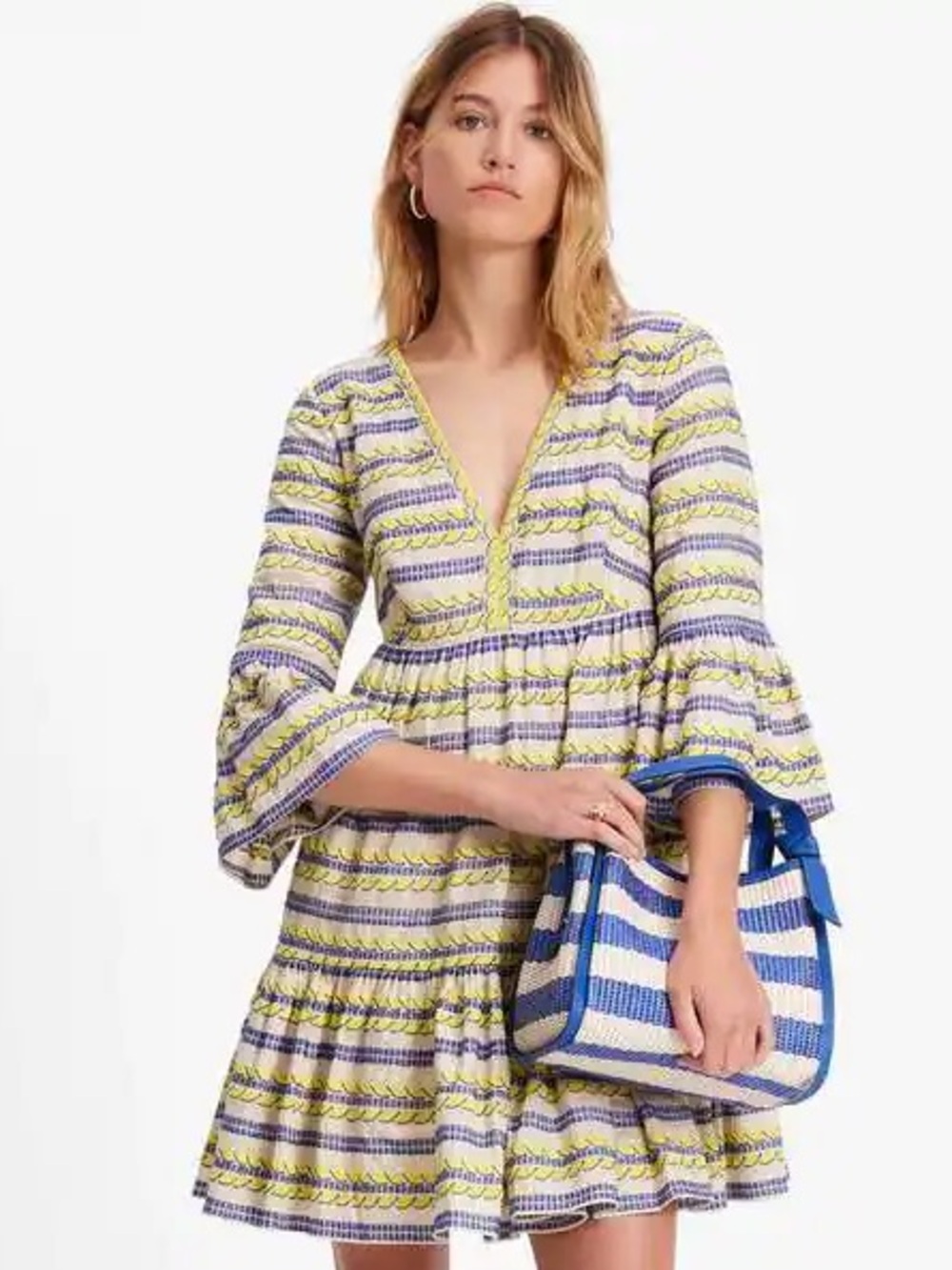 Kate spade Women's Yellow & Blue Striped V-Neck Awning Stripe embroidered Dress